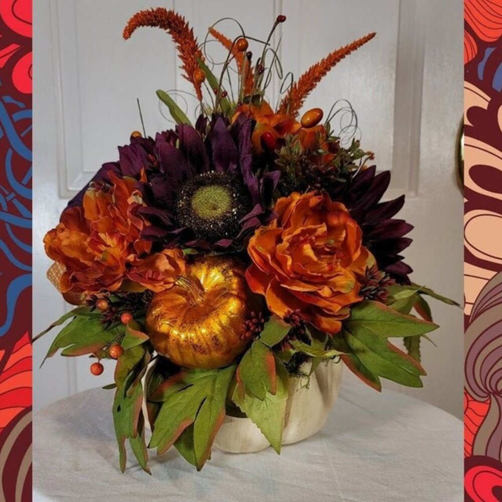 Fall Pumpkin with Purple Sunflowers & Orange Peonies Floral Arrangement - Medium